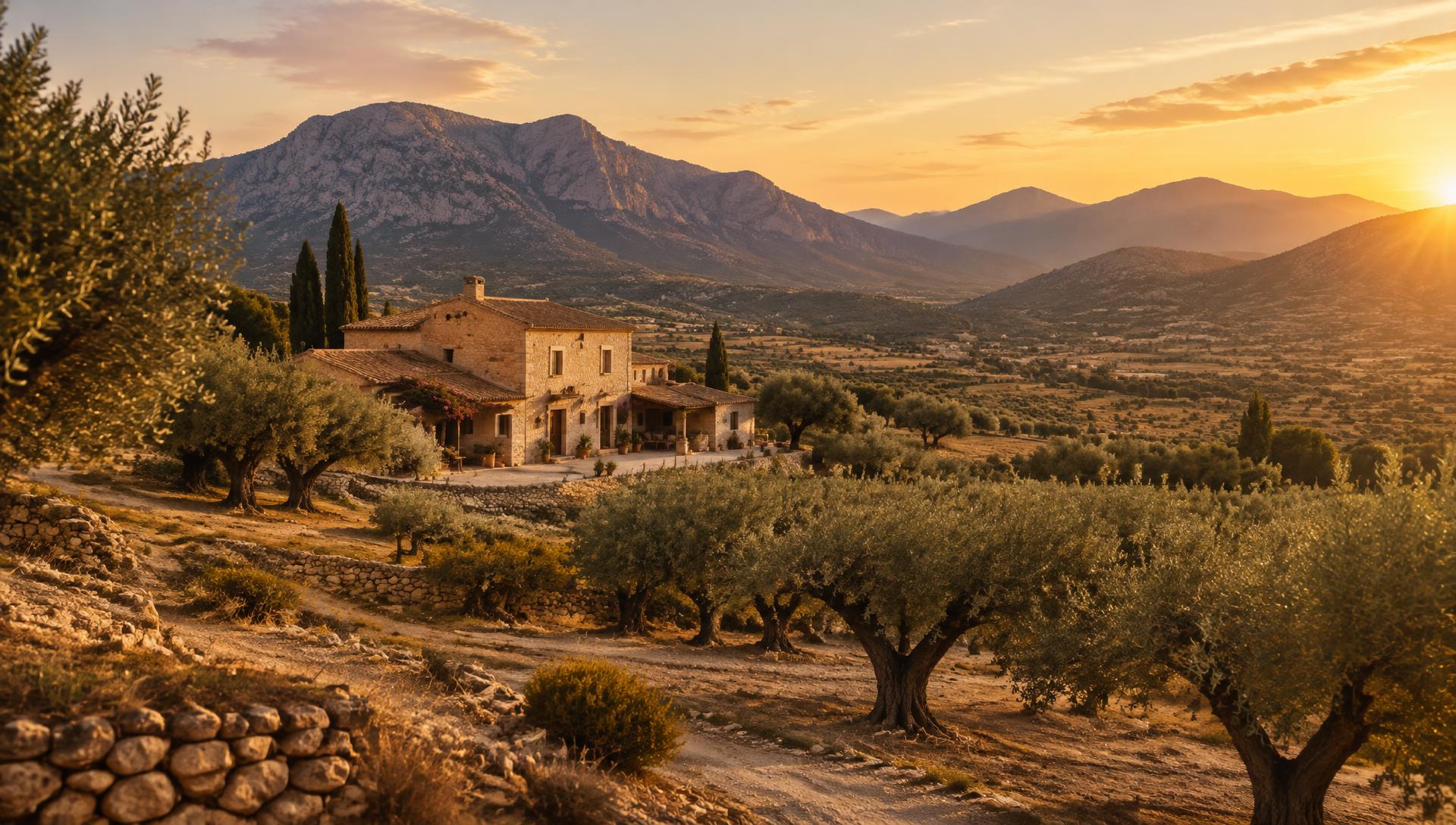 Finca tussen olijfbomen in het avondlicht, binnenland van Alicante
