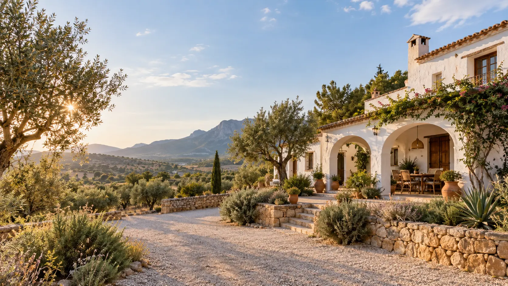 Mediterrane finca met olijfbomen en uitzicht op de bergen van Alicante